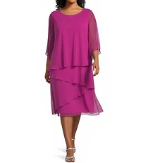 Oleg Cassini Plus Size Cold Shoulder 3/4 Sleeve Tiered Sheath Dress