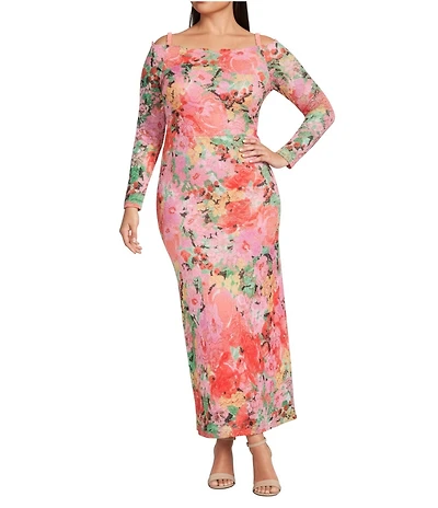Oleg Cassini Plus Size Floral Print Heavy Keepsake Lace Off The Shoulder Long Sleeve Gown