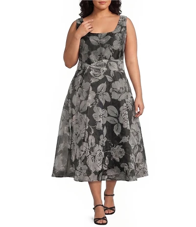 Oleg Cassini Plus Size Floral Print Organza Sleeveless Dress