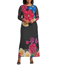 Oleg Cassini Plus Size Floral Print Power Mesh Long Sleeve Midi Dress