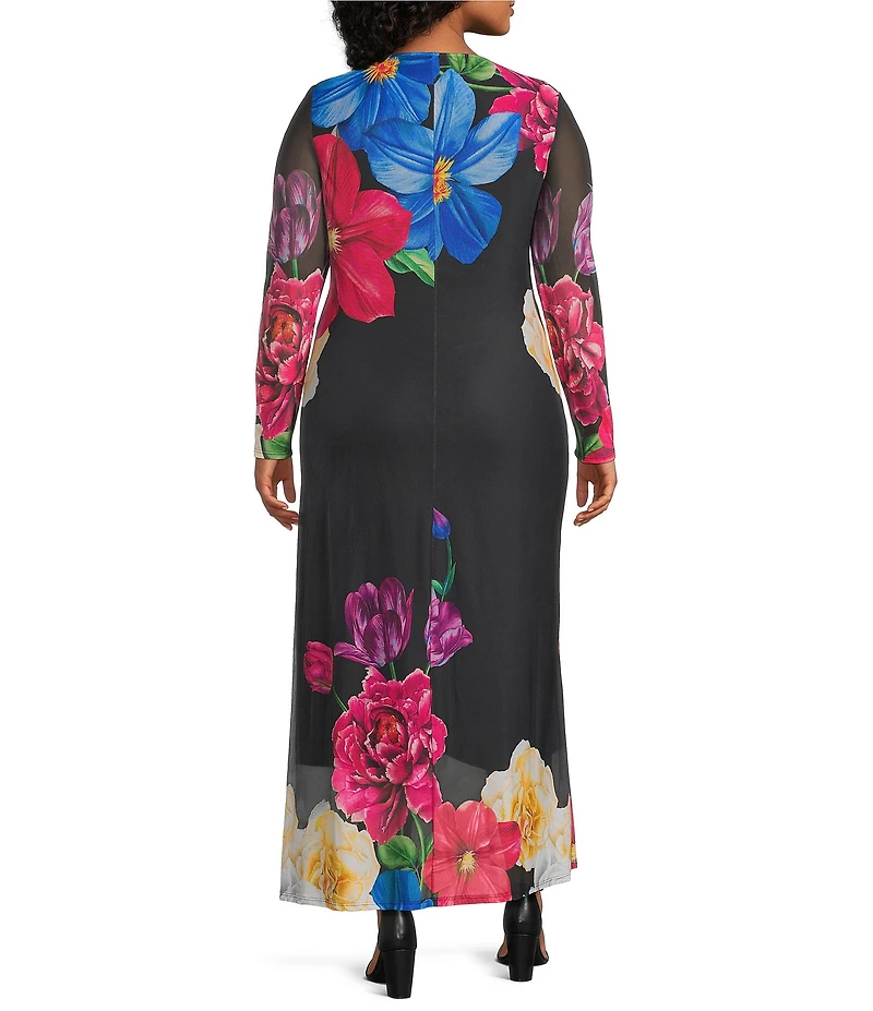 Oleg Cassini Plus Size Floral Print Power Mesh Long Sleeve Midi Dress