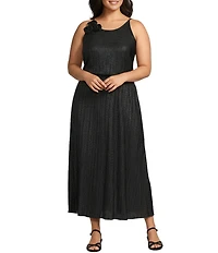 Oleg Cassini Plus Size Foiled Pleated Rosette Sleeveless Dress