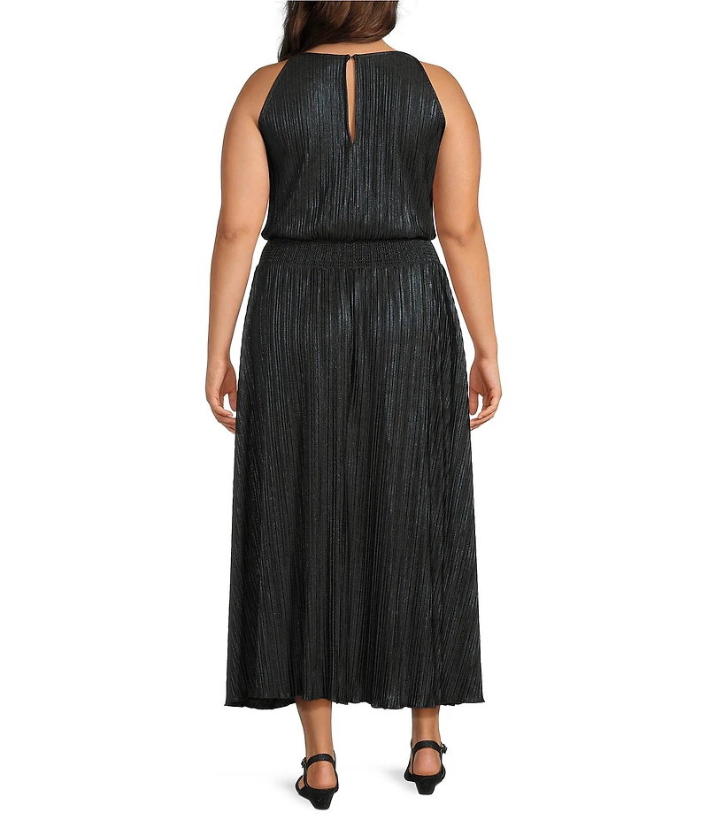 Oleg Cassini Plus Size Foiled Pleated Rosette Sleeveless Dress