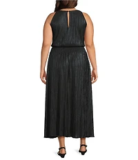 Oleg Cassini Plus Size Foiled Pleated Rosette Sleeveless Dress