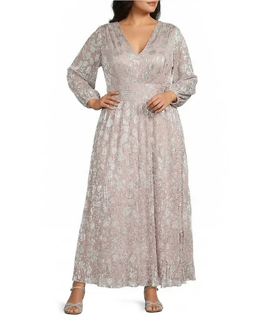 Oleg Cassini Plus Size Metallic Floral Print Long Gown