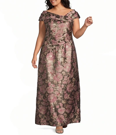 Oleg Cassini Plus Size Off The Shoulder Floral Print Brocade Gown