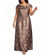 Oleg Cassini Plus Size Off The Shoulder Floral Print Brocade Gown