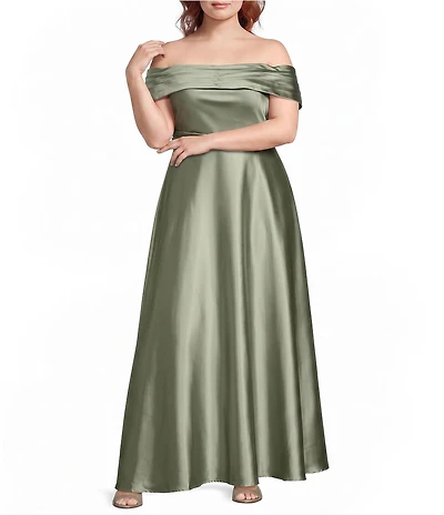 Oleg Cassini Plus Size Off The Shoulder Stretch Satin Gown