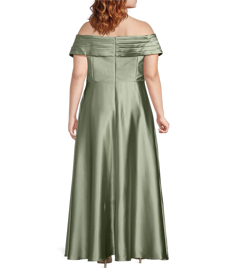 Oleg Cassini Plus Size Off The Shoulder Stretch Satin Gown