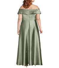 Oleg Cassini Plus Size Off The Shoulder Stretch Satin Gown