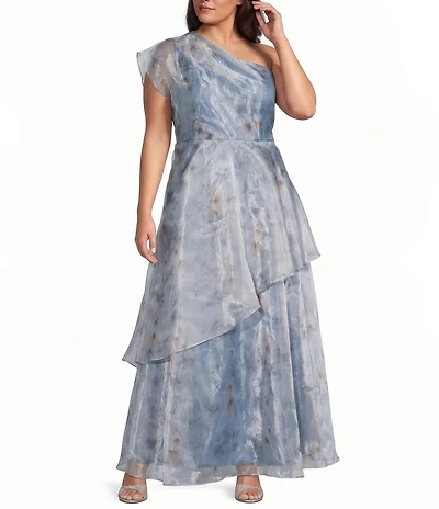 Oleg Cassini Plus Size One Shoulder Floral Print Organza Long Dress