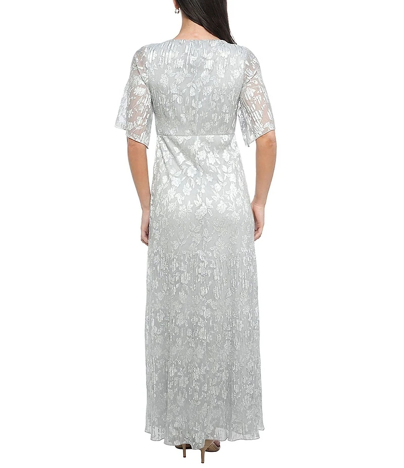 Oleg Cassini Plus Size Pleated Bodice Silver Foil Elbow Sleeve Gown