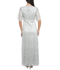 Oleg Cassini Plus Size Pleated Bodice Silver Foil Elbow Sleeve Gown