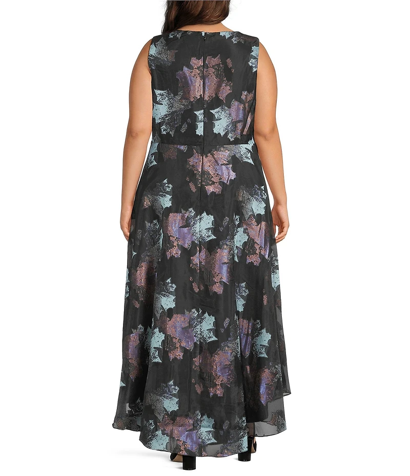 Oleg Cassini Plus Size Printed Metallic Brocade Crew Neck Sleeveless Hi-Low A-Line Gown
