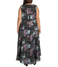 Oleg Cassini Plus Size Printed Metallic Brocade Crew Neck Sleeveless Hi-Low A-Line Gown