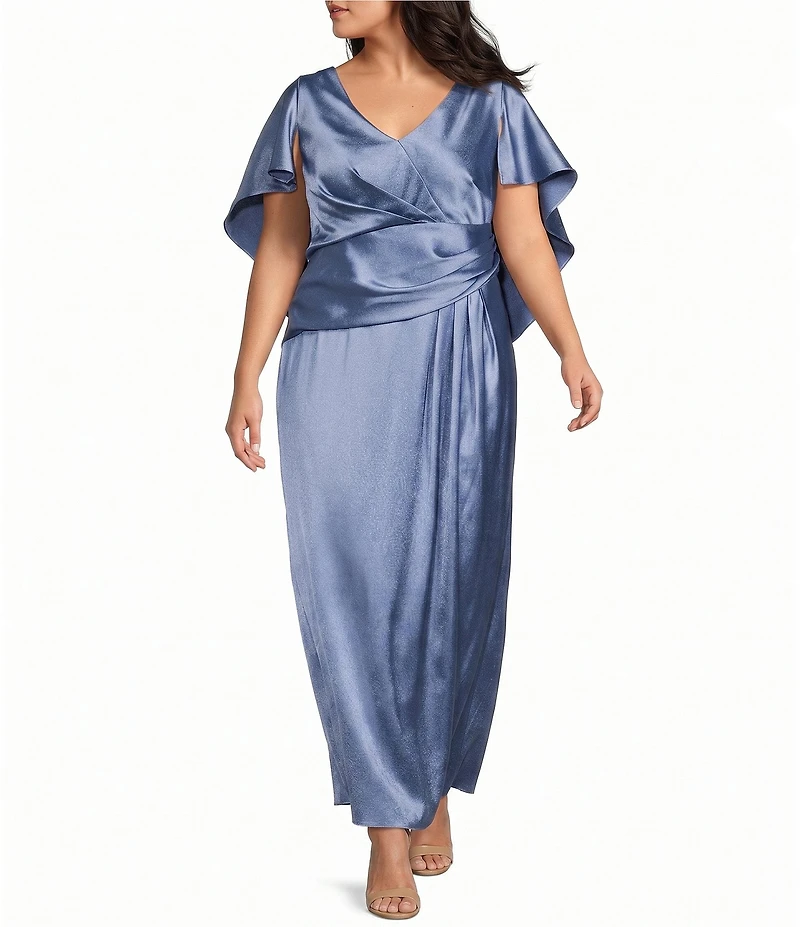 Oleg Cassini Plus Size Satin Caplet Ruched Front Long Dress