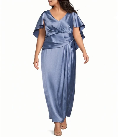 Oleg Cassini Plus Size Satin Caplet Ruched Front Long Dress