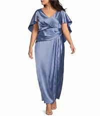 Oleg Cassini Plus Size Satin Caplet Ruched Front Long Dress