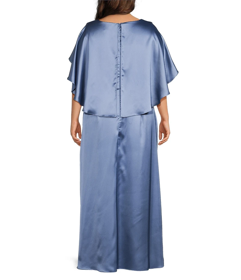 Oleg Cassini Plus Size Satin Caplet Ruched Front Long Dress