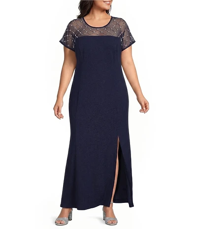 Oleg Cassini Plus Size Scuba Crepe Cap Sleeve Beaded Bodice Dress