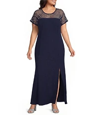 Oleg Cassini Plus Size Scuba Crepe Cap Sleeve Beaded Bodice Dress