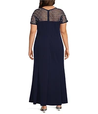 Oleg Cassini Plus Size Scuba Crepe Cap Sleeve Beaded Bodice Dress