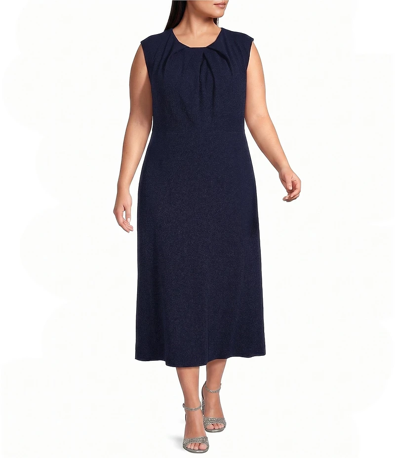 Oleg Cassini Plus Size Sleeveless Pleated Bodice Scuba Crepe Midi Dress