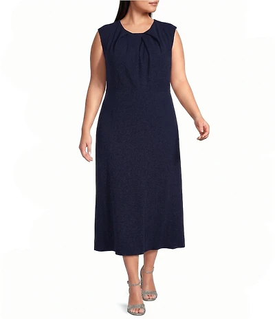 Oleg Cassini Plus Size Sleeveless Pleated Bodice Scuba Crepe Midi Dress