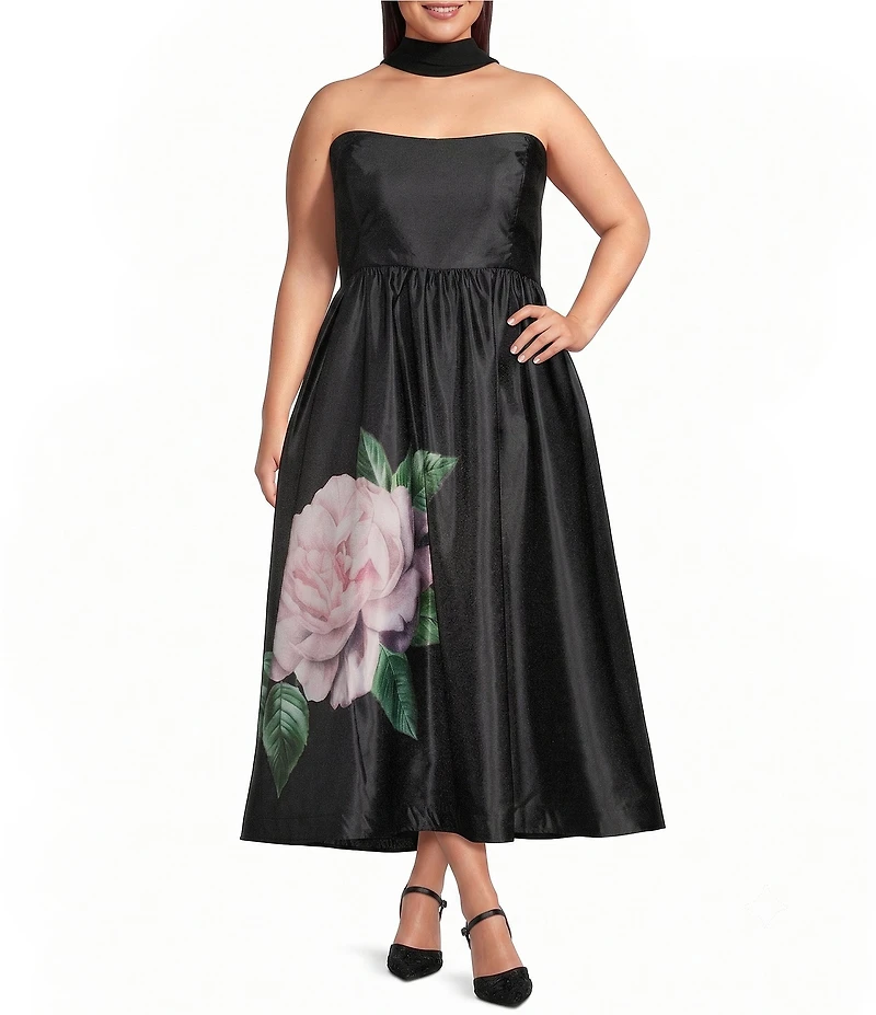 Oleg Cassini Plus Size Strapless Floral Placement Midi Satin Dress