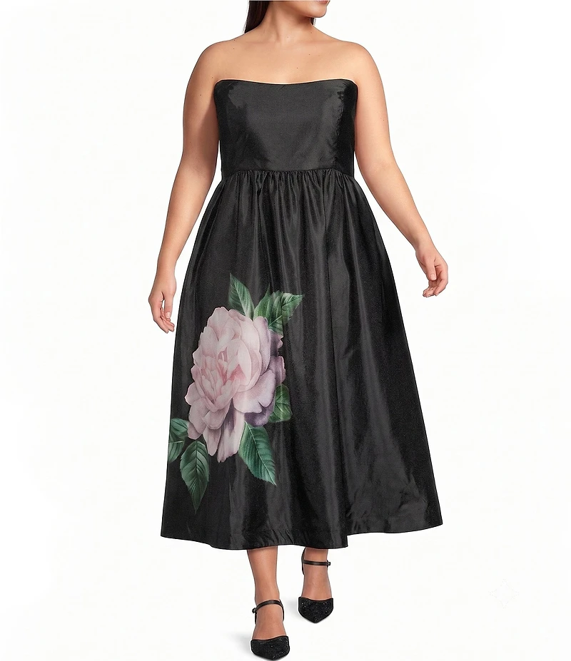Oleg Cassini Plus Size Strapless Floral Placement Midi Satin Dress
