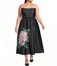 Oleg Cassini Plus Size Strapless Floral Placement Midi Satin Dress
