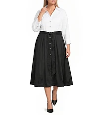 Oleg Cassini Plus Size Stretch Taffeta Collar Neck Midi Dress