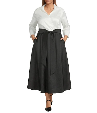 Oleg Cassini Plus Size Two Color Tone Stretch Taffeta 3/4 Sleeve Midi Shirt Dress