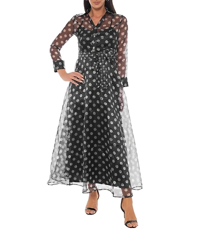 Oleg Cassini Polka Dot Organza Collared Neckline Long Sleeve Belted Shirt Dress
