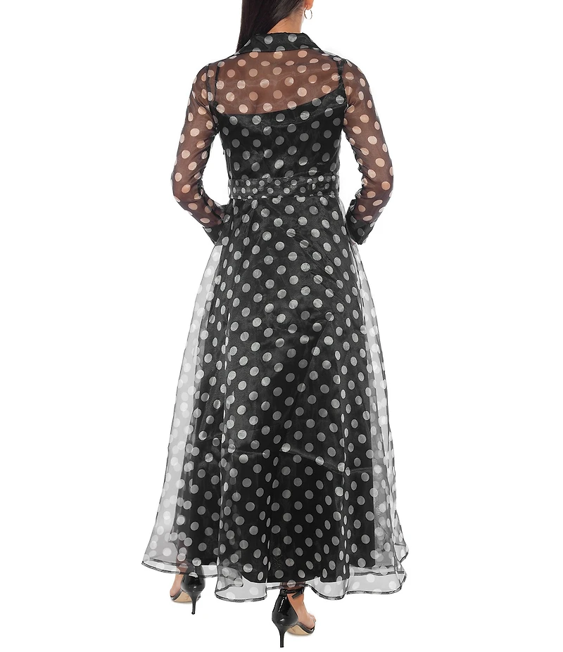 Oleg Cassini Polka Dot Organza Collared Neckline Long Sleeve Belted Shirt Dress