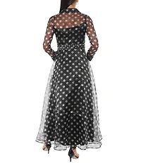 Oleg Cassini Polka Dot Organza Collared Neckline Long Sleeve Belted Shirt Dress
