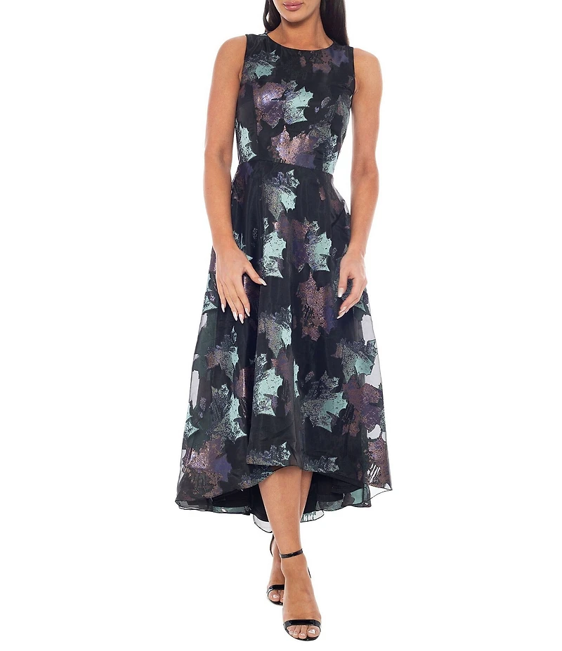 Oleg Cassini Printed Brocade Sleeveless Hi-Low A-Line Gown