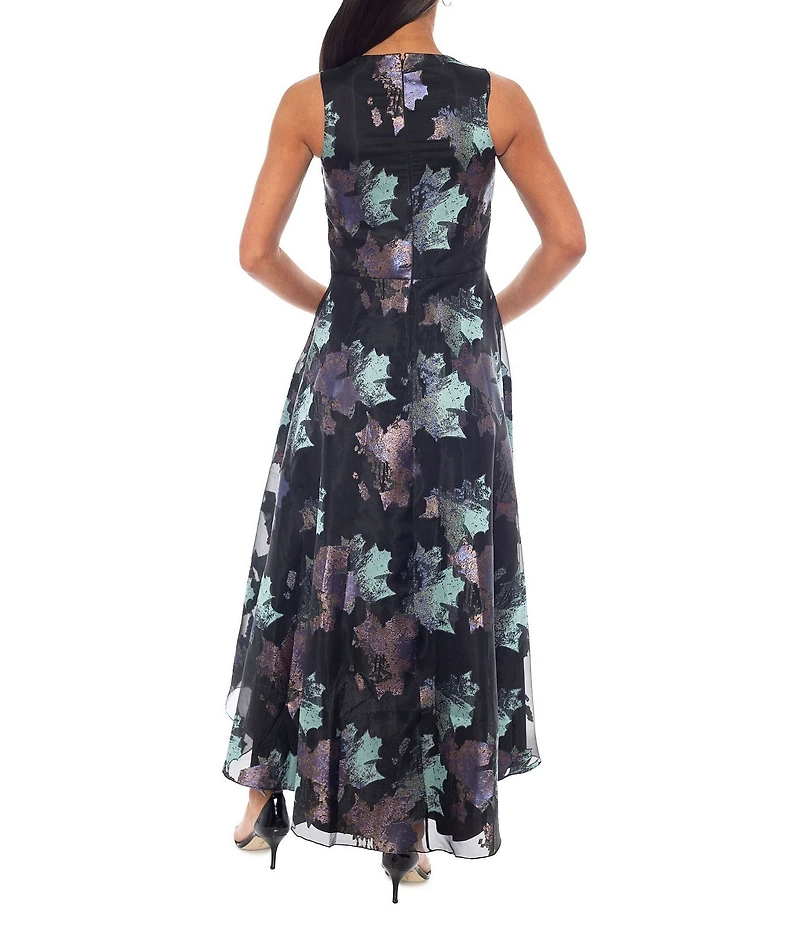 Oleg Cassini Printed Brocade Sleeveless Hi-Low A-Line Gown