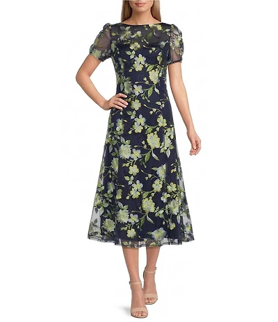 Oleg Cassini Puff Sleeve Multi Tone Embroidered Midi Dress
