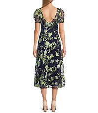 Oleg Cassini Puff Sleeve Multi Tone Embroidered Midi Dress
