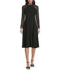 Oleg Cassini Scuba Crepe Beaded Mock Neck Sheer Long Sleeve A-Line Midi Dress