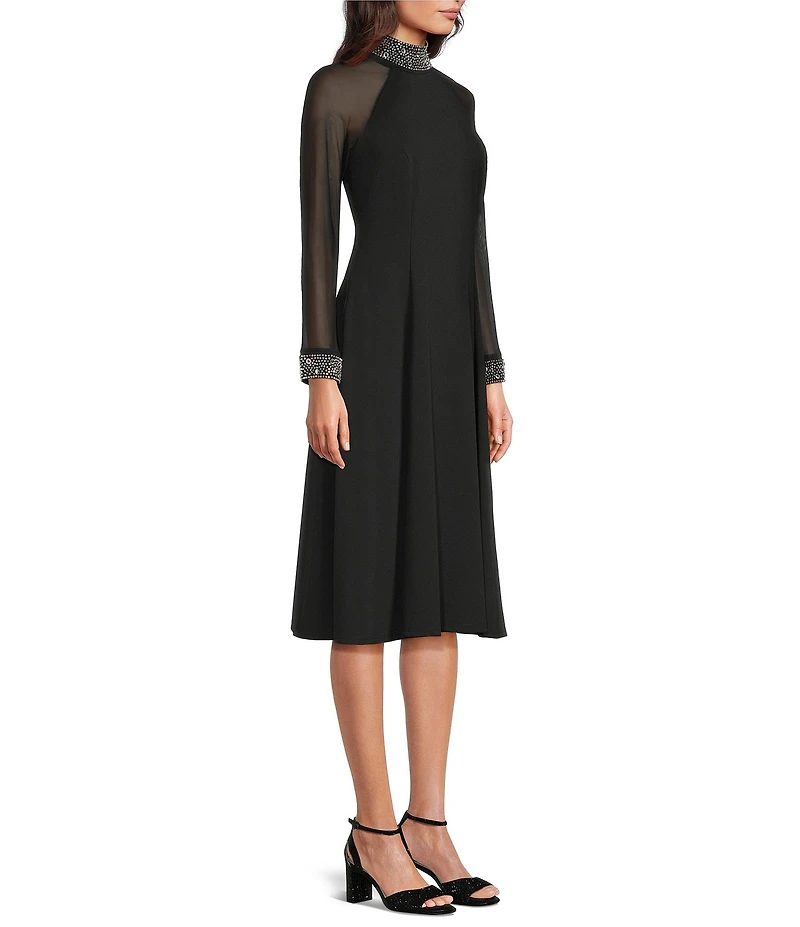 Oleg Cassini Scuba Crepe Beaded Mock Neck Sheer Long Sleeve A-Line Midi Dress