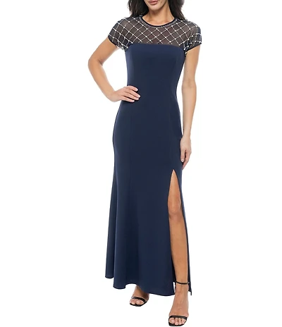 Oleg Cassini Scuba Crepe Cap Sleeve Beaded Bodice Dress