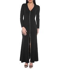 Oleg Cassini Scuba Crepe V-Neck Long Sleeve Rhinestone Trim Gown