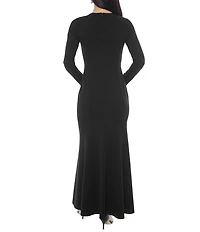 Oleg Cassini Scuba Crepe V-Neck Long Sleeve Rhinestone Trim Gown