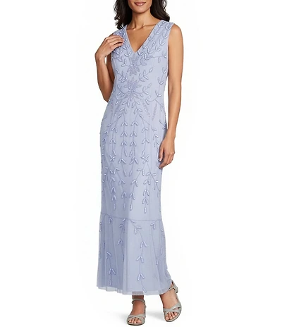 Oleg Cassini Sequin Mesh Floral Print V-Neck Sleeveless Midi Dress