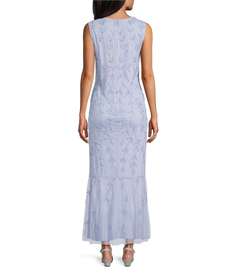 Oleg Cassini Sequin Mesh Floral Print V-Neck Sleeveless Midi Dress
