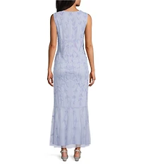 Oleg Cassini Sequin Mesh Floral Print V-Neck Sleeveless Midi Dress