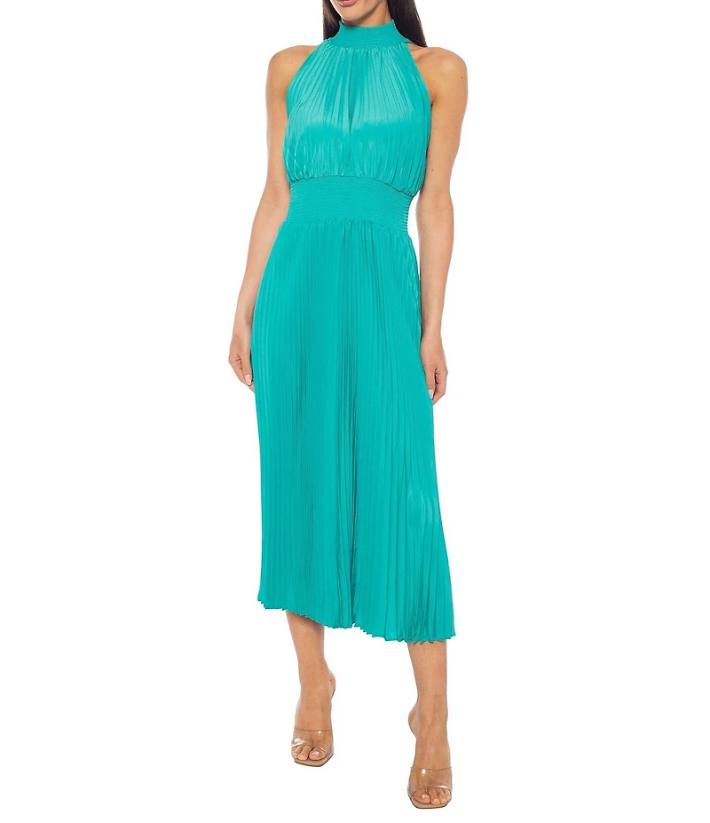 Oleg Cassini Sleeveless Pleated Halter Midi Dress