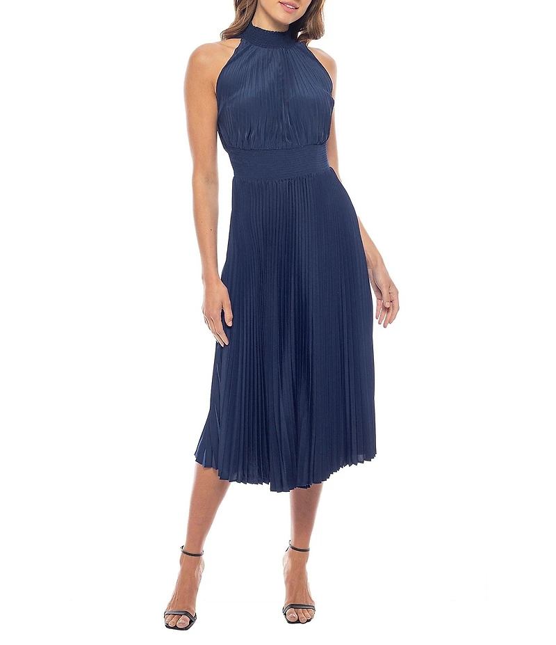 Oleg Cassini Sleeveless Pleated Halter Midi Dress